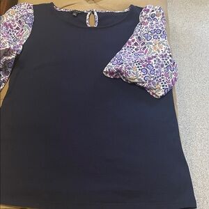 Talbots Dark Blue Blouse with Floral Sleeves